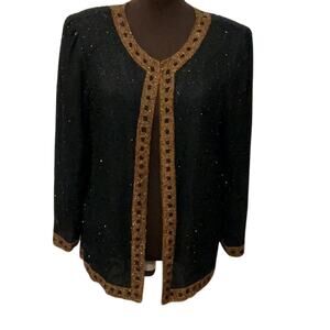 Stenay Sequins Black Gold Hook & Eye Top Jacket 100% Silk Glam Bling 90s Size L